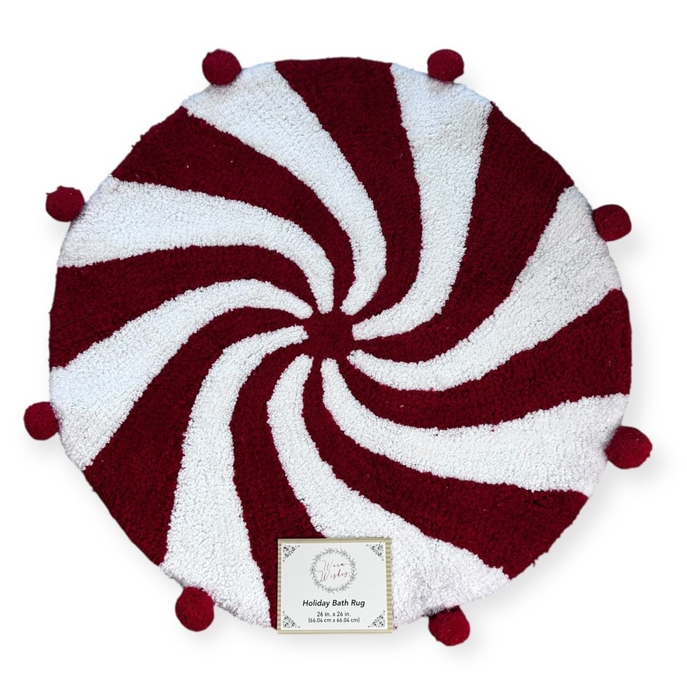Warm Wishes Holiday Bath Rug Red White Peppermint Swirl Pom Pom 26in Round NEW